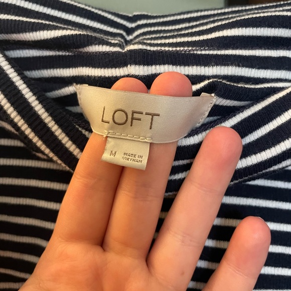 Loft Off the Shoulder Navy and White Striped Form Fitting Top - Picture 3 of 3